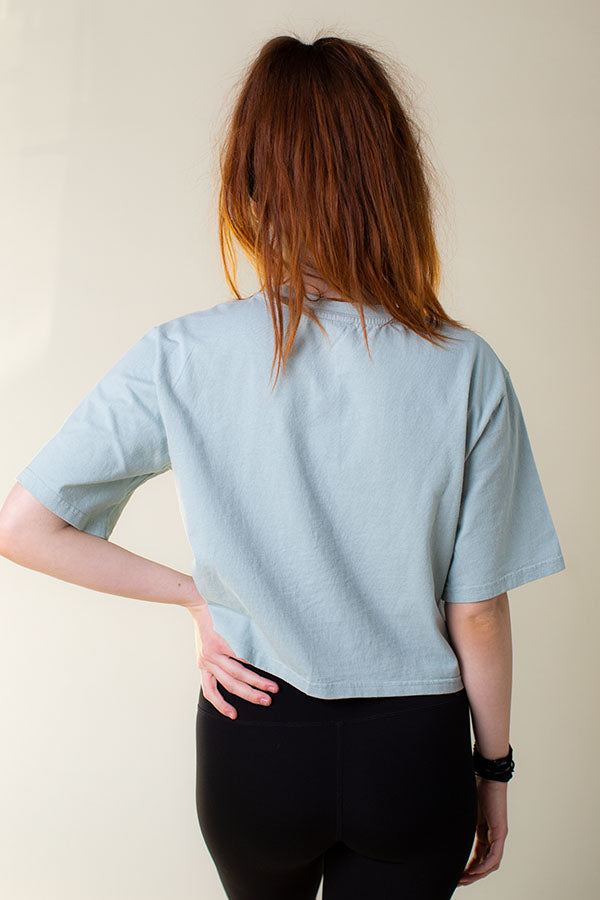 soulvation dusty sage short sleeve crop top and biker shorts